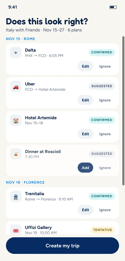 A review screen asking “Does this look right?”, listing imported flights, rides, hotels and dinners marked Confirmed, Suggested or Tentative, each with Edit and Ignore.