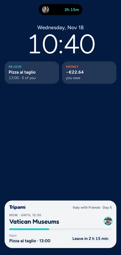 An iPhone Lock Screen with a Tripami Live Activity: now at the Vatican Museums until 12:30, next pizza al taglio at 13:00, leave in 2 hours 15 minutes.