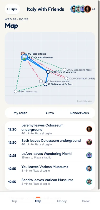 A map of the crew meeting for pizza al taglio, listing when each friend should leave, from the Colosseum, Monti and the Vatican Museums.