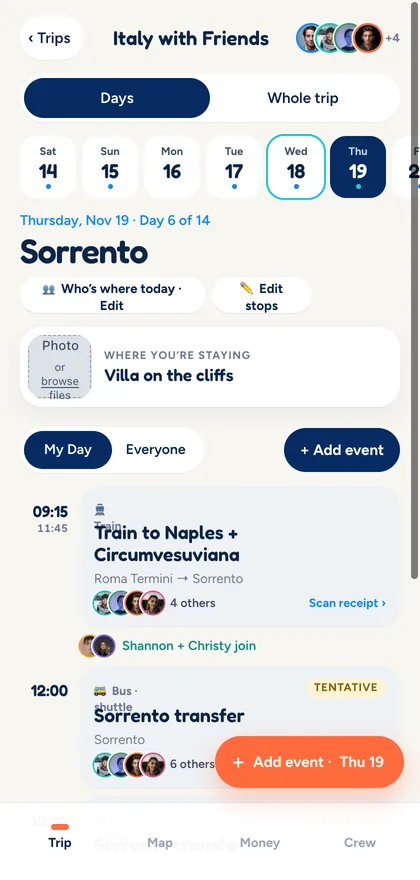 A personal My Day timeline in Sorrento, with the train to Naples, which friends are coming along, and a bus transfer marked tentative.