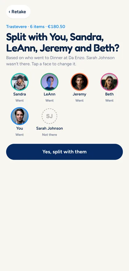After scanning a dinner receipt, Tripami asks whether to split it with You, Sandra, LeAnn, Jeremy and Beth, based on who went, and explains why Sarah isn’t included.