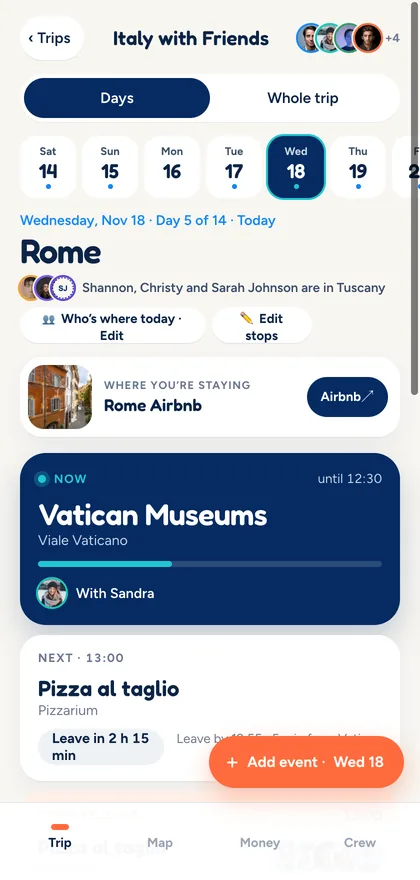 Tripami Trip Home for Italy with Friends. Now: Vatican Museums until 12:30, with Sandra. Next: pizza al taglio at 13:00, with a reminder to leave in 2 hours 15 minutes.